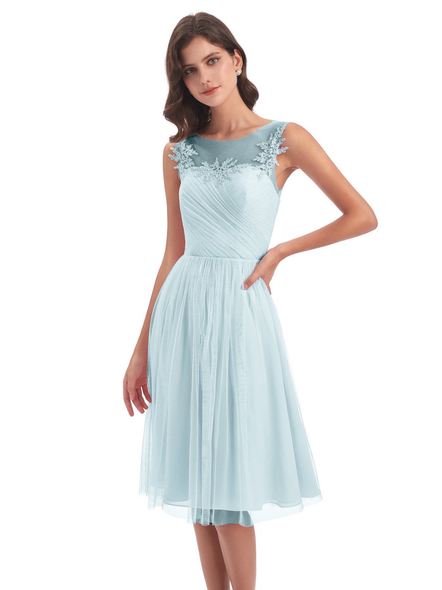Brooklyn Knee Length Illusion Scoop Tulle Bridesmaid Dresses