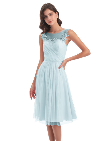 Brooklyn Knee Length Illusion Scoop Tulle Bridesmaid Dresses