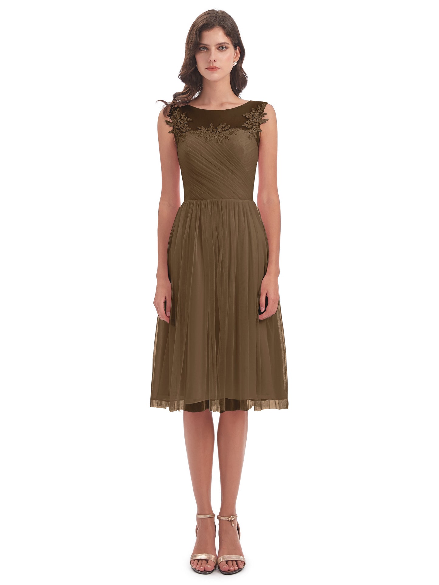 Brooklyn Knee Length Illusion Scoop Tulle Bridesmaid Dresses