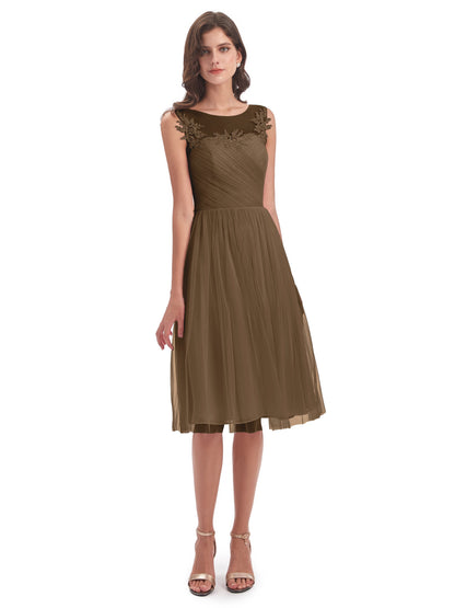 Brooklyn Knee Length Illusion Scoop Tulle Bridesmaid Dresses