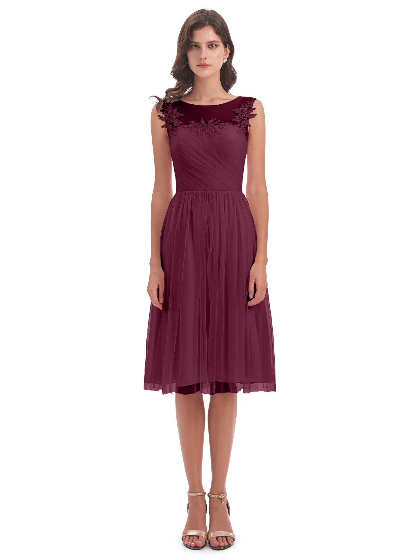 Brooklyn Knee Length Illusion Scoop Tulle Bridesmaid Dresses