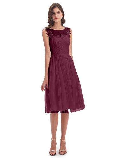 Brooklyn Knee Length Illusion Scoop Tulle Bridesmaid Dresses