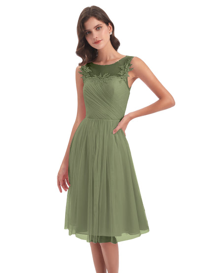 Brooklyn Knee Length Illusion Scoop Tulle Bridesmaid Dresses