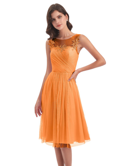 Brooklyn Knee Length Illusion Scoop Tulle Bridesmaid Dresses