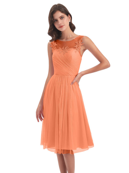 Brooklyn Knee Length Illusion Scoop Tulle Bridesmaid Dresses