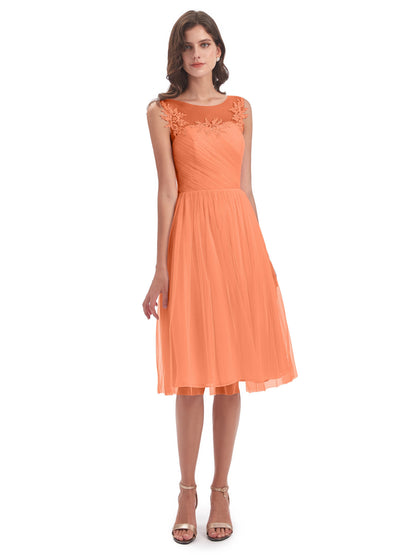 Brooklyn Knee Length Illusion Scoop Tulle Bridesmaid Dresses
