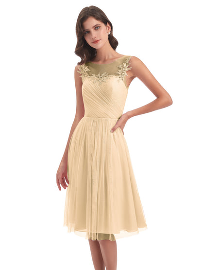 Brooklyn Knee Length Illusion Scoop Tulle Bridesmaid Dresses