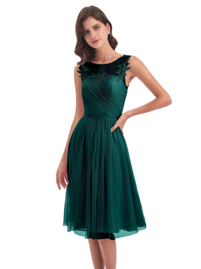 Brooklyn Knee Length Illusion Scoop Tulle Bridesmaid Dresses