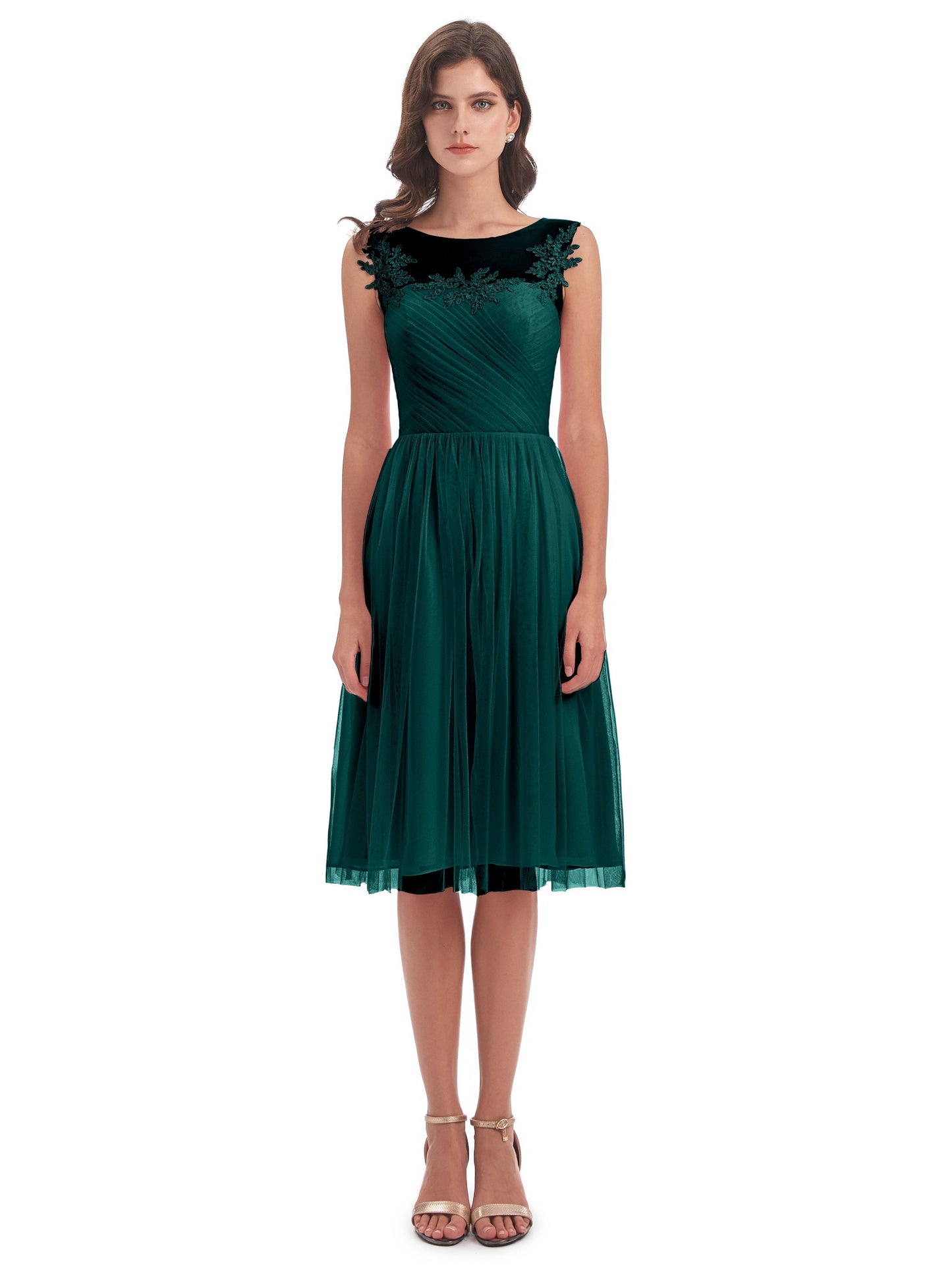 Brooklyn Knee Length Illusion Scoop Tulle Bridesmaid Dresses
