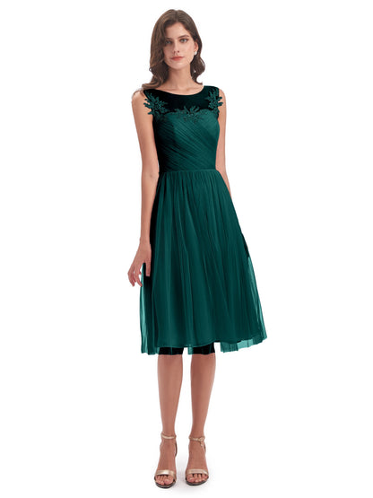 Brooklyn Knee Length Illusion Scoop Tulle Bridesmaid Dresses