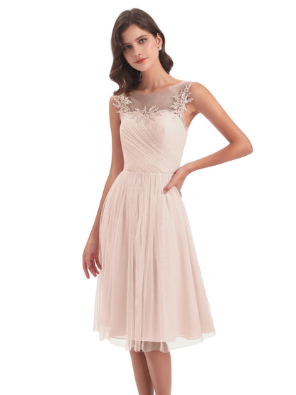 Brooklyn Knee Length Illusion Scoop Tulle Bridesmaid Dresses