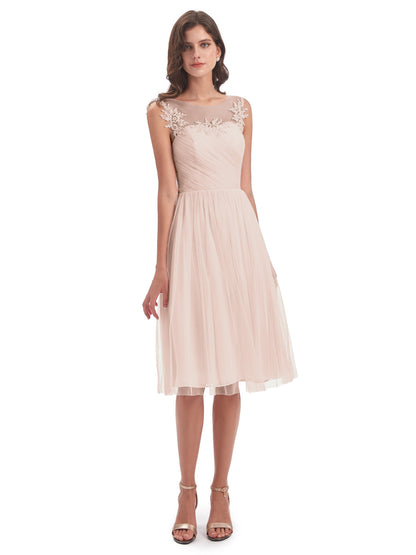 Brooklyn Knee Length Illusion Scoop Tulle Bridesmaid Dresses