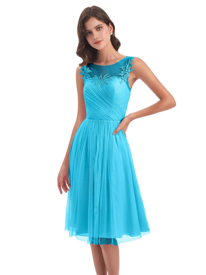 Brooklyn Knee Length Illusion Scoop Tulle Bridesmaid Dresses