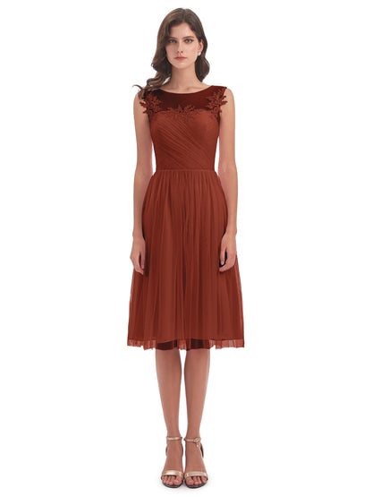 Brooklyn Knee Length Illusion Scoop Tulle Bridesmaid Dresses