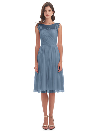 Brooklyn Knee Length Illusion Scoop Tulle Bridesmaid Dresses