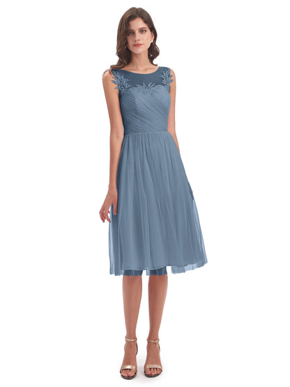 Brooklyn Knee Length Illusion Scoop Tulle Bridesmaid Dresses
