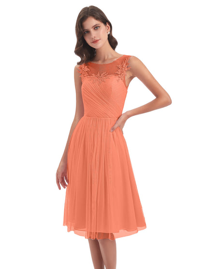Brooklyn Knee Length Illusion Scoop Tulle Bridesmaid Dresses