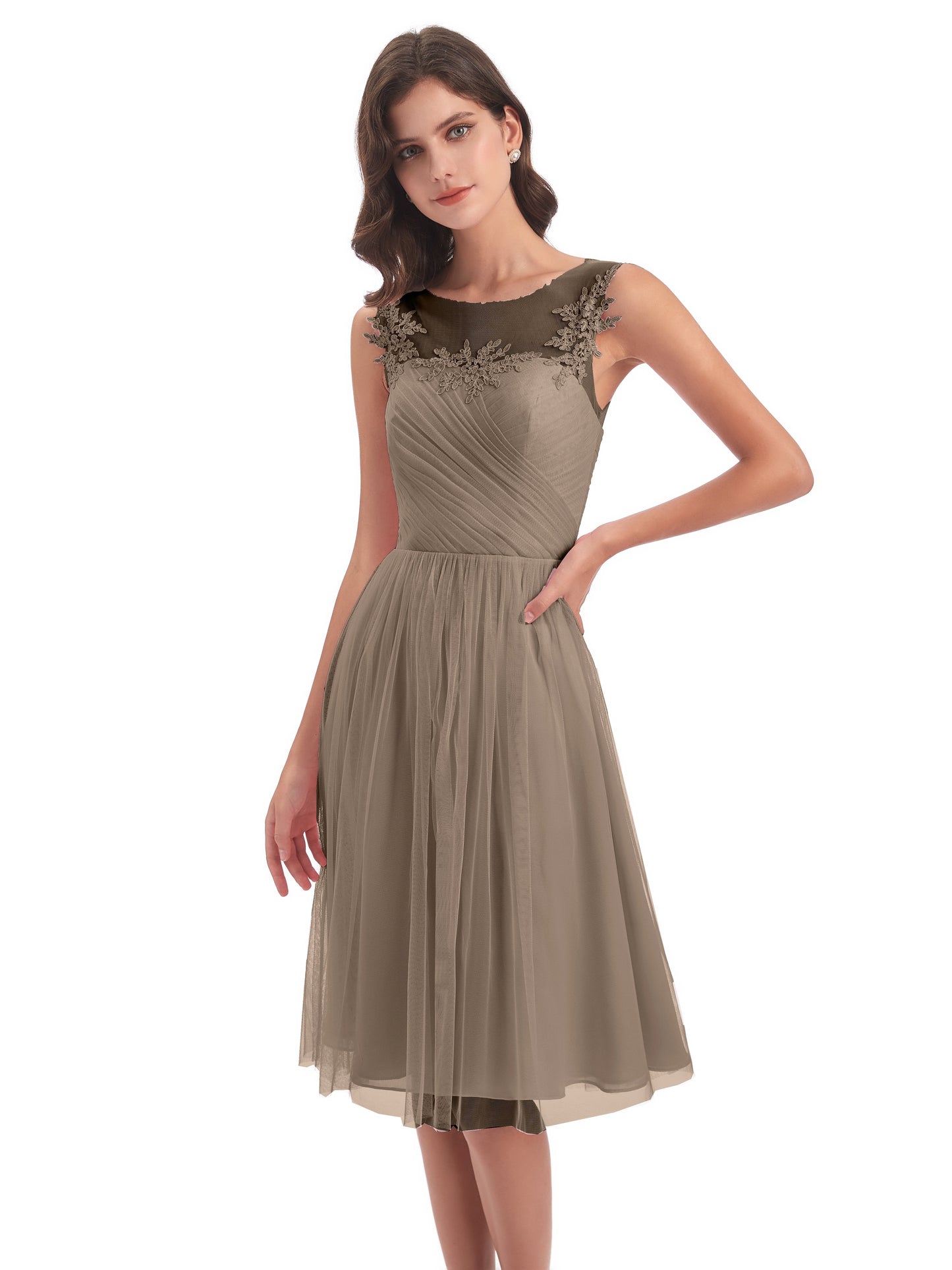 Brooklyn Knee Length Illusion Scoop Tulle Bridesmaid Dresses