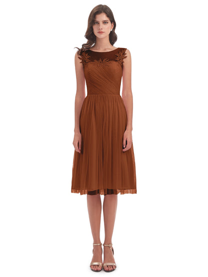 Brooklyn Knee Length Illusion Scoop Tulle Bridesmaid Dresses