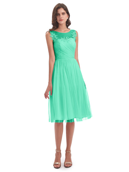 Brooklyn Knee Length Illusion Scoop Tulle Bridesmaid Dresses