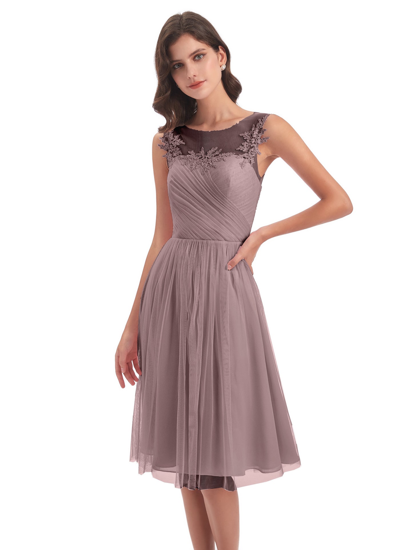 Brooklyn Knee Length Illusion Scoop Tulle Bridesmaid Dresses