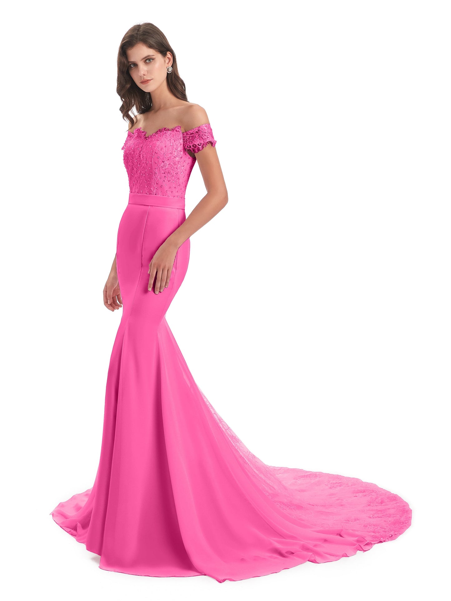 Carlee Hourglass Court Train Off The Shoulder Lace Bridesmaid Dresses
