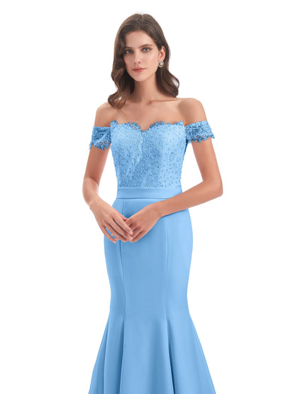 Carlee Hourglass Court Train Off The Shoulder Lace Bridesmaid Dresses