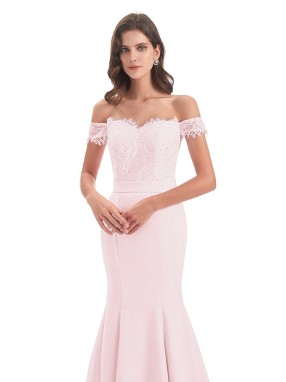 Carlee Hourglass Court Train Off The Shoulder Lace Bridesmaid Dresses