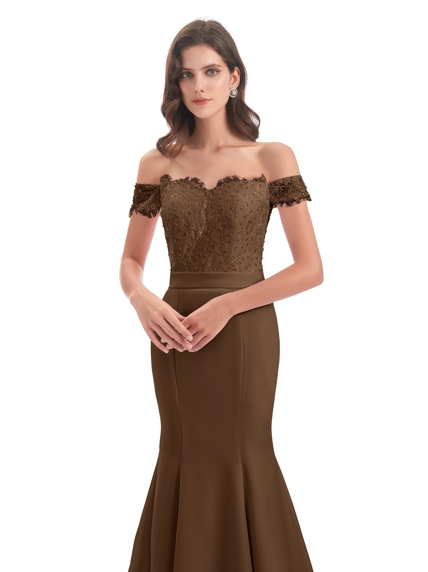 Carlee Hourglass Court Train Off The Shoulder Lace Bridesmaid Dresses