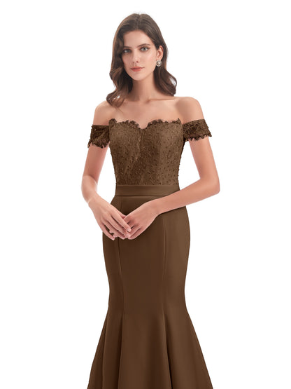 Carlee Hourglass Court Train Off The Shoulder Lace Bridesmaid Dresses