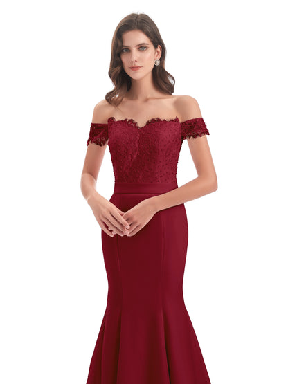 Carlee Hourglass Court Train Off The Shoulder Lace Bridesmaid Dresses