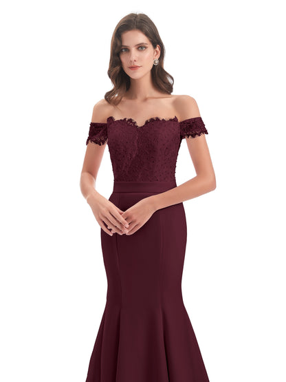 Carlee Hourglass Court Train Off The Shoulder Lace Bridesmaid Dresses