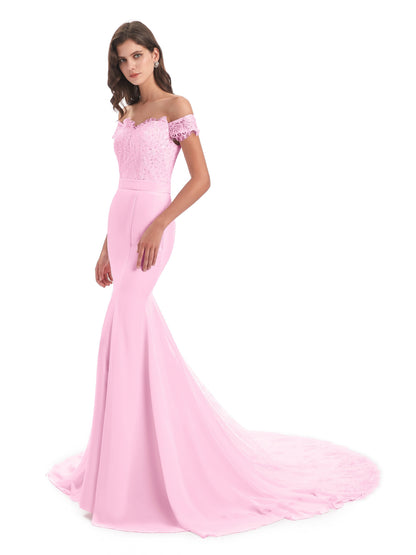 Carlee Hourglass Court Train Off The Shoulder Lace Bridesmaid Dresses