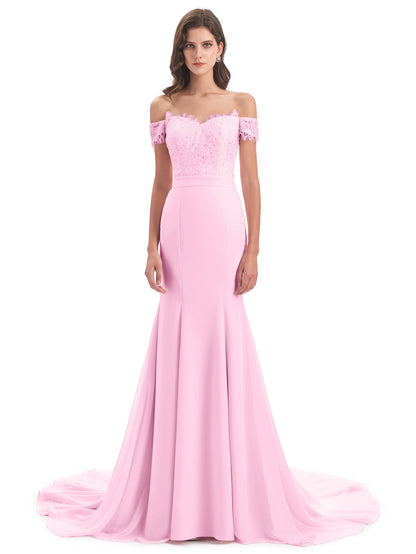 Carlee Hourglass Court Train Off The Shoulder Lace Bridesmaid Dresses