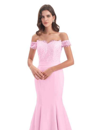 Carlee Hourglass Court Train Off The Shoulder Lace Bridesmaid Dresses