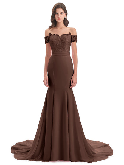 Carlee Hourglass Court Train Off The Shoulder Lace Bridesmaid Dresses