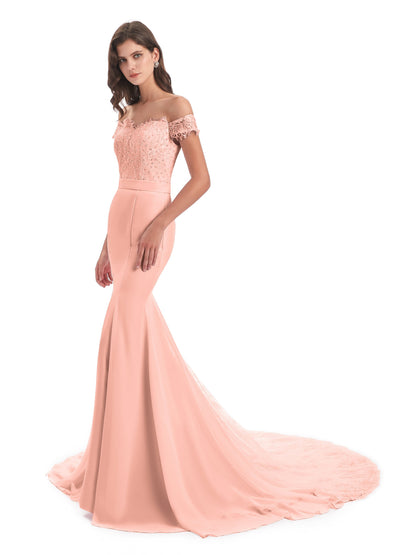 Carlee Hourglass Court Train Off The Shoulder Lace Bridesmaid Dresses