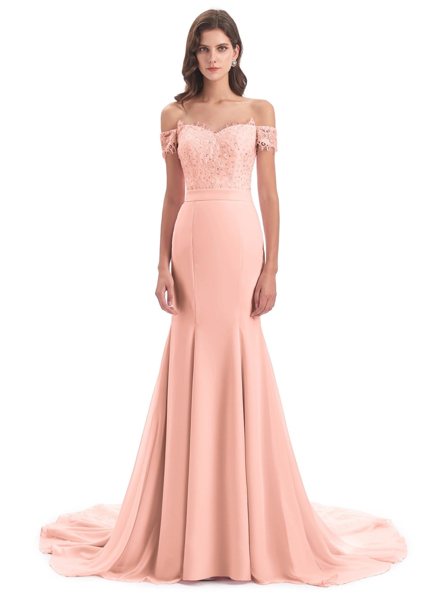 Carlee Hourglass Court Train Off The Shoulder Lace Bridesmaid Dresses