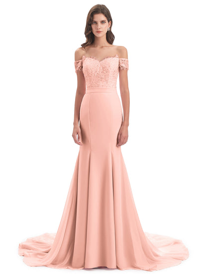 Carlee Hourglass Court Train Off The Shoulder Lace Bridesmaid Dresses