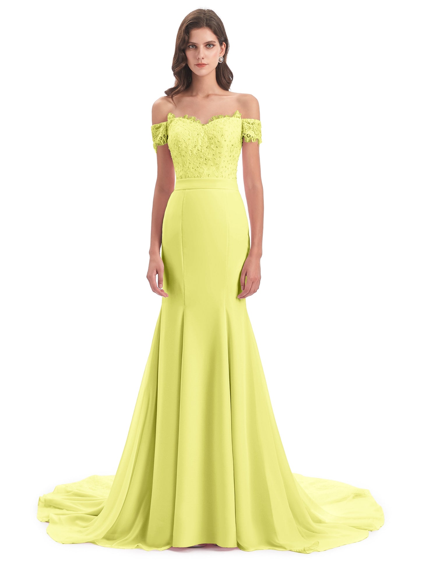 Carlee Hourglass Court Train Off The Shoulder Lace Bridesmaid Dresses