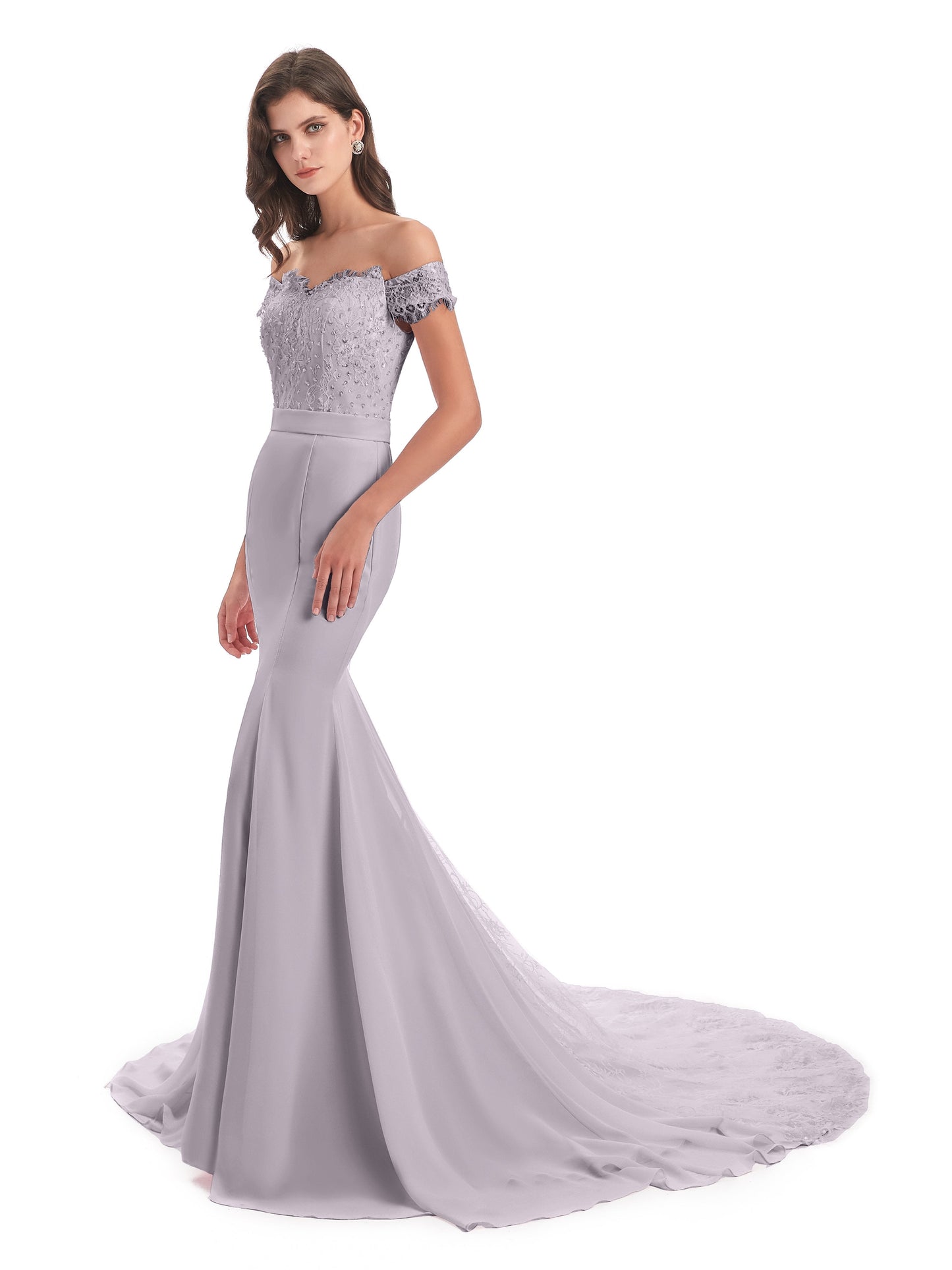 Carlee Hourglass Court Train Off The Shoulder Lace Bridesmaid Dresses