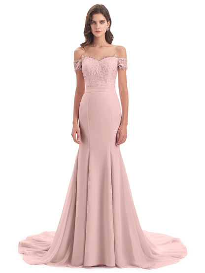 Carlee Hourglass Court Train Off The Shoulder Lace Bridesmaid Dresses