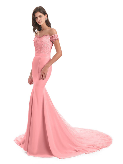 Carlee Hourglass Court Train Off The Shoulder Lace Bridesmaid Dresses