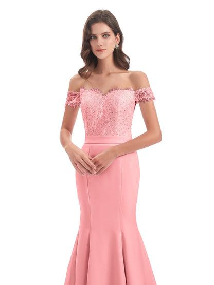 Carlee Hourglass Court Train Off The Shoulder Lace Bridesmaid Dresses