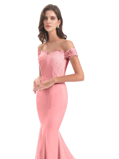 Carlee Hourglass Court Train Off The Shoulder Lace Bridesmaid Dresses