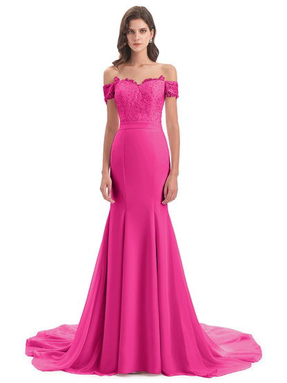 Carlee Hourglass Court Train Off The Shoulder Lace Bridesmaid Dresses