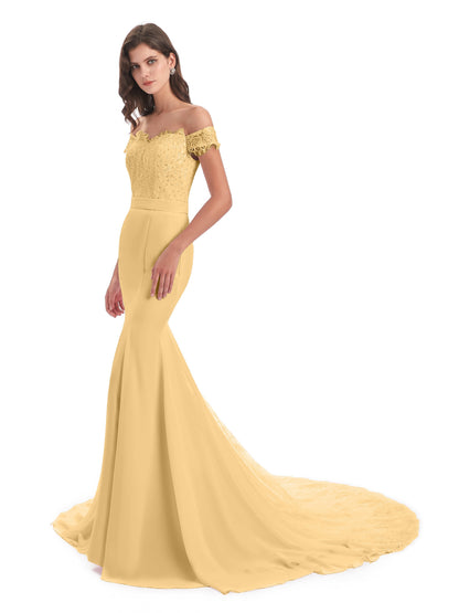 Carlee Hourglass Court Train Off The Shoulder Lace Bridesmaid Dresses