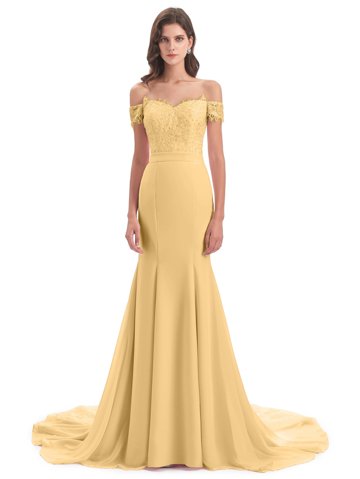 Carlee Hourglass Court Train Off The Shoulder Lace Bridesmaid Dresses