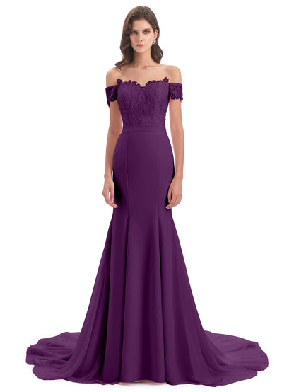 Carlee Hourglass Court Train Off The Shoulder Lace Bridesmaid Dresses