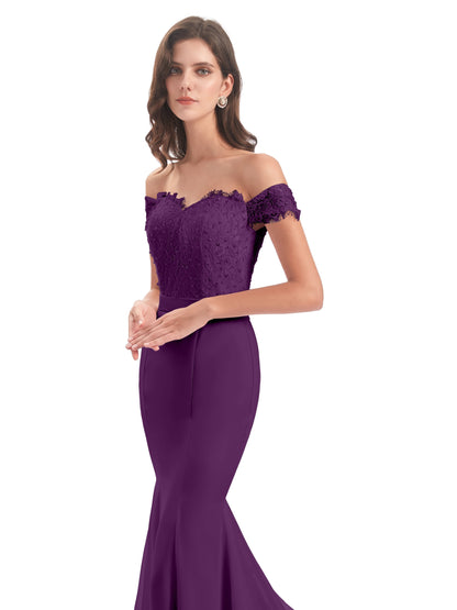 Carlee Hourglass Court Train Off The Shoulder Lace Bridesmaid Dresses
